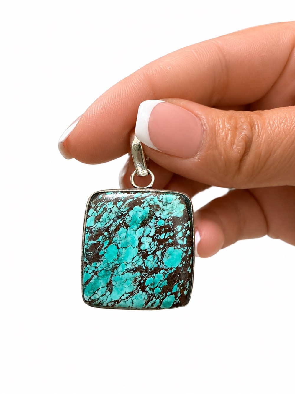 NEW 925 Sterling Turquoise Matrix Square Pendant Necklace - Handcrafted